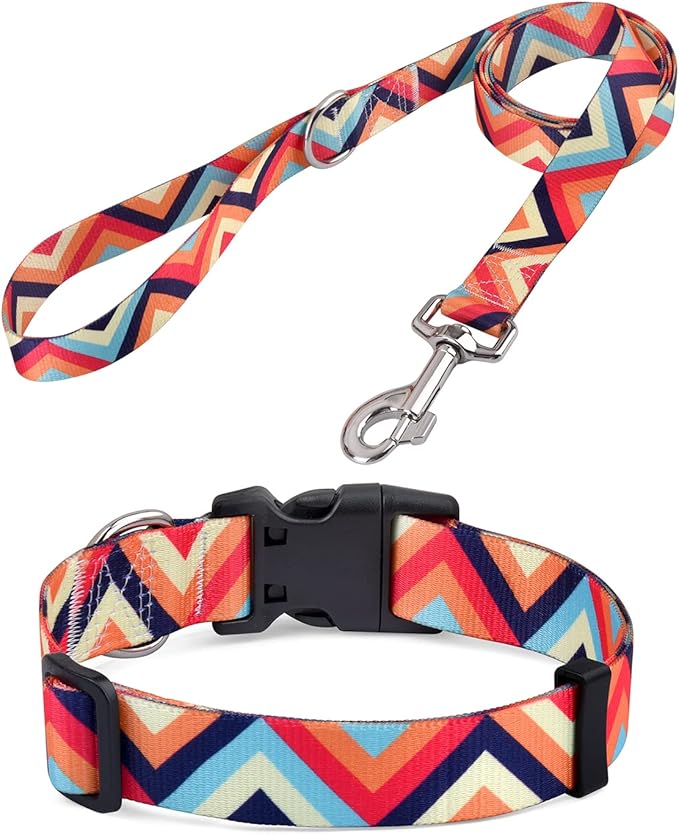 Dog Collar and Leash Set for Small Dogs, Soft Comfy Pet Collar for Small Medium Large Dogs, Geometry Pattern for Boy Girl Puppy Dogs(Colorful Waves Set,S)