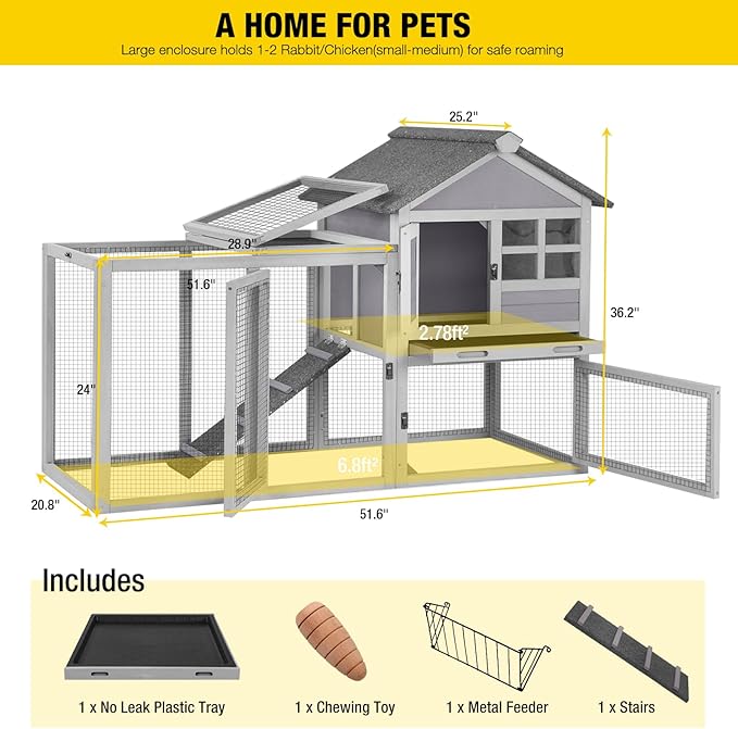 Aivituvin 51.6''L Rabbit Hutch Outdoor Chicken Coop Indoor Bunny Cage with Run,Guinea Pig House Pull Out Upper Tray 51.6" L x 25.2" W x 36.2" H (Grey)