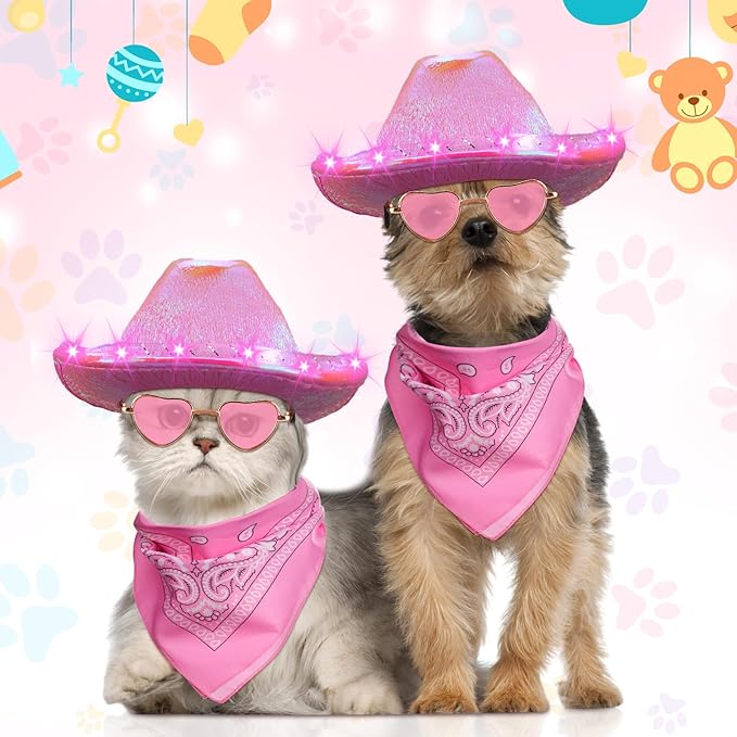 Aliceset 3 Pcs Pet Cowboy Costume Cat Cowboy Accessories Set Neon Sparkly Dog Cowboy Hat Paisley Bandanna Collar and Sunglasses LED Light up Western Small Cat Dog Cowgirl Costume(Pink, Shiny, Shiny)