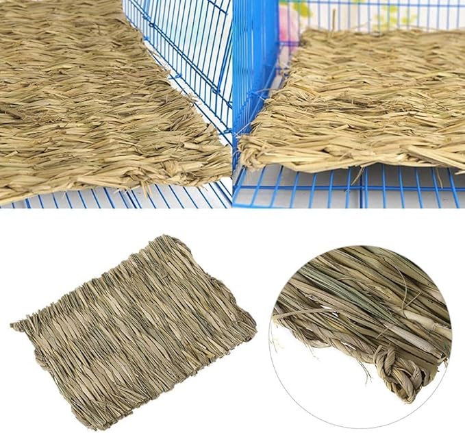 Hamiledyi Rabbit Grass Mat 4PCS Large Woven Bed Mat for Small Animal Bunny Bedding Nest Chew Toy Bed Play Toy for Guinea Pig Parrot Rabbit Bunny Hamster Rat