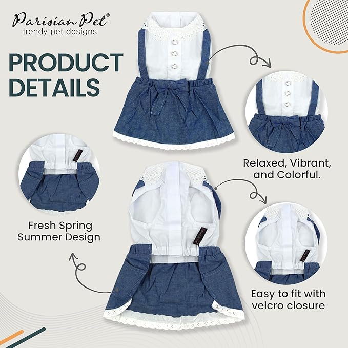 Parisian Pet Chambray Overall Dog Dress - Summer Clothes for Medium Dogs Girl - Blue Denim Pet Dress - Designer Dog Overalls - Lightweight and Breathable Puppy Clothes - Dresses for Dogs