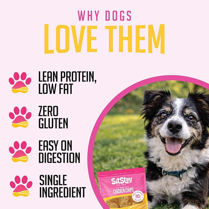sitstay Chicken Chips Dog Treats - Travel Packs, Single Ingredient Dog Treat, Chicken Chips for Dogs for Training, Rewards and Sensitive Stomachs - Made in USA - 3 Bags - 5 Chips Each