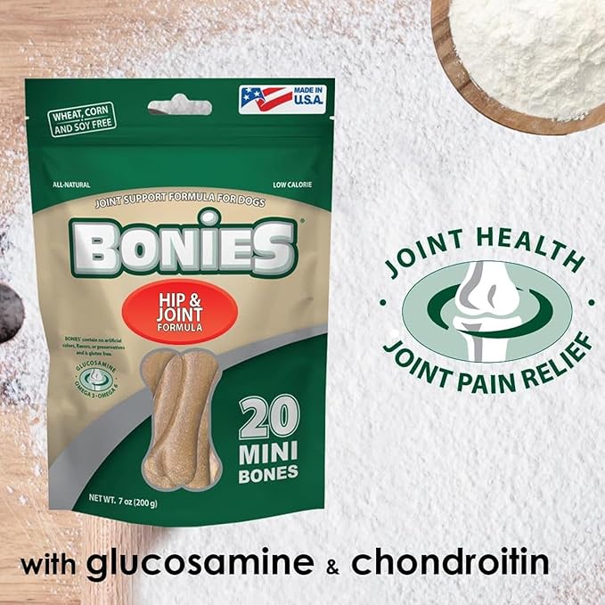 Bonies Natural Hip & Joint Formula Large-Sized Single Bone, Glucosamine & Omega Fatty Acids, Fresh Breath, Clean Teeth, Low Calories, Chicken Flavor, [Large Dogs], 72 Bones
