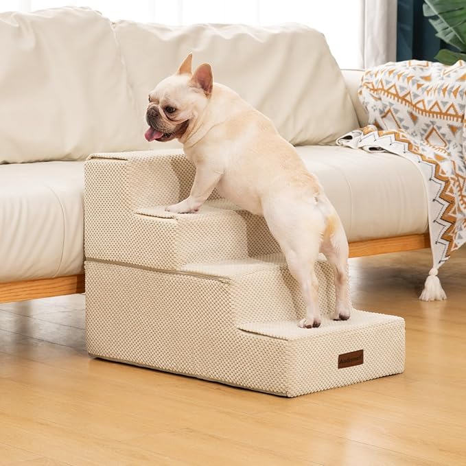 Aodisman Dog Stairs for Bed 18.5" H, 4-Step Dog Steps for Small Dogs and Cats, Indoor Non-Slip Balanced Pet Stairs are Suitable for Puppy, Older Cat,Beige