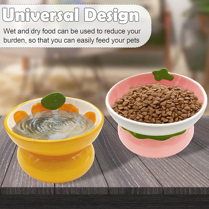 Hamiledyi Ceramic Raised Cat Bowls 15° Tilted Elevated Kitten Food Water Bowl Shallow Whisker Fatigue Kitty Dish Fruit Pet Feeding Bowls Feeder for Indoor Cats Small Dog (Pink Strawberry)