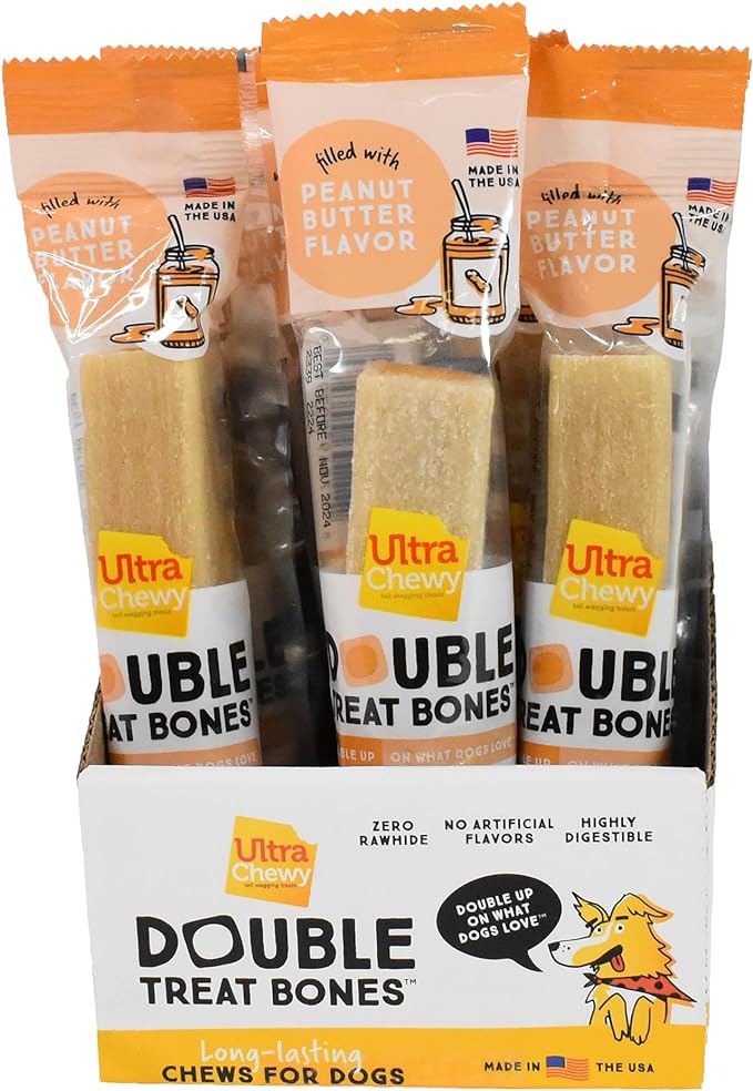 Ultra Chewy Peanut Butter Double Treat Bones: Long-Lasting Dog Treats Made in USA for Large and Small Breeds, Highly Digestible, Ideal for Aggressive Chewers (24 Count)