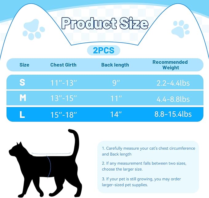 2PCS Blue Breathable Modal Cotton Cat Surgery Recovery Suit - Size L (Fits 8-14Kg), Elastic Lick-Proof Female Cat Onesie with Adjustable Collar, Pet Care for Spay Recovery & Weaning (L)