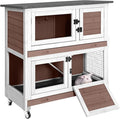 Rabbit Hutch Indoor, 36'' Bunny Hutch Outdoor, Mobile Rabbit Cage with Wheels, 2-Story Bunny Cage with 2 Pull Out Trays, Wooden Guinea Pig Cage (Brown)