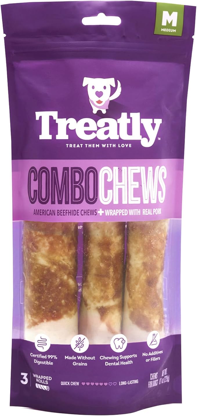 Combo Chews Beefhide Rolls 7" w/Pork Meat Wrap Dog Chew Treats - 3 Count/1 Pack