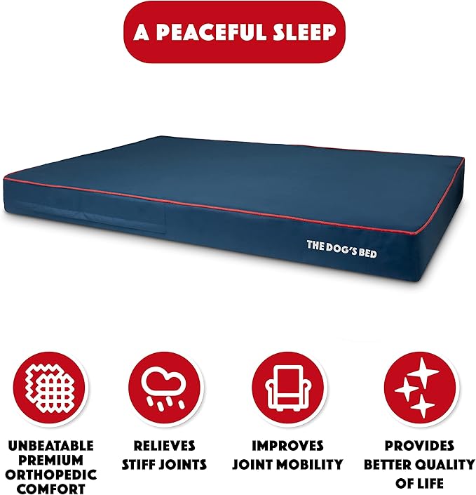 The Dog’s Bed Orthopedic Memory Foam Dog Bed for XXXL Dogs, Waterproof Washable Cover, Anti-Slip Base, Calming Surface – CertiPUR-Certified Foam, Blue with Red Trim, 6 Inch Thick