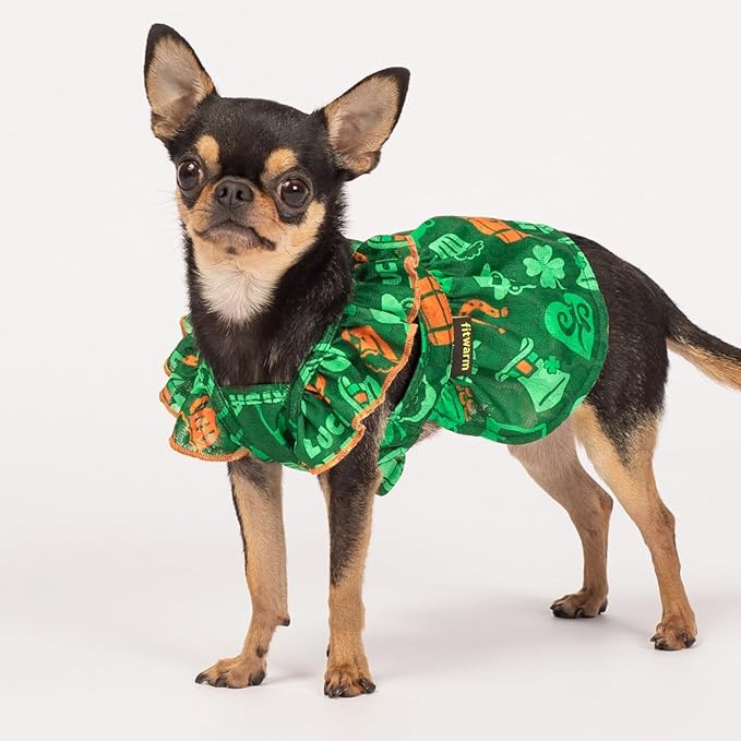 Fitwarm St Patricks Day Ruffle Dog Dress, Lucky Dog Clothes for Small Dogs Girl, Funny Pet Outfit, Green, Orange, XS