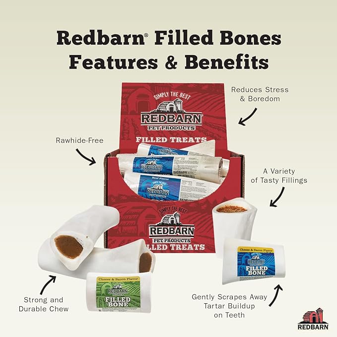 Redbarn Filled Dog Bones, Natural Long-Lasting Dental Treats; Suitable for Aggressive Chewers, Small (3") - 10 Bones (Cheese N' Bacon)
