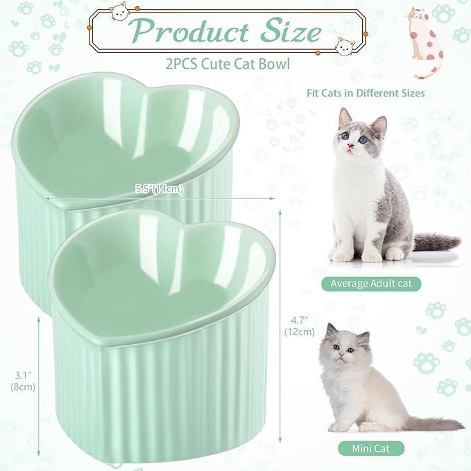 Mumufy 2 Pcs Ceramic Elevated Cat Bowls Tilted Elevated Raised Pet Bowls Anti Vomit Cat Dish for Indoor Stress Free Water Dish Feeder for Puppies, Heart Shaped(Grass Green)