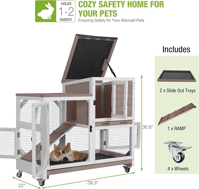 GUTINNEEN Rabbit Cage Outdoor with Pull Out Tray Rabbit Hutch Indoor Bunny Cage on Wheels 2 Story Bunny Hutch No Leakage Guinea Pig Cage