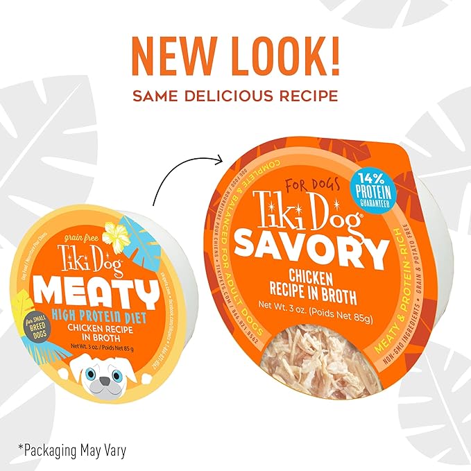 Tiki Dog Meaty – Grain Free High Protein Wet Dog Food Chicken Recipe in Broth, 4 cans, 3 oz, NO Color