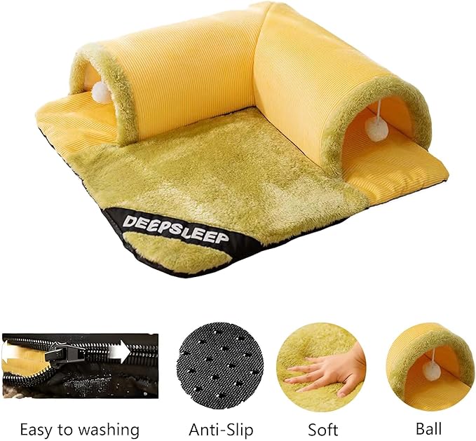 Rabbit Tunnel Bed with Removable Plush Mat - Soft Hideout & Play Tube for Bunnies, Guinea Pigs, Chinchillas, Cats, Bunny-Cozy Small Pet Toy, Grey (Yellow, Large-23"x23"x1")