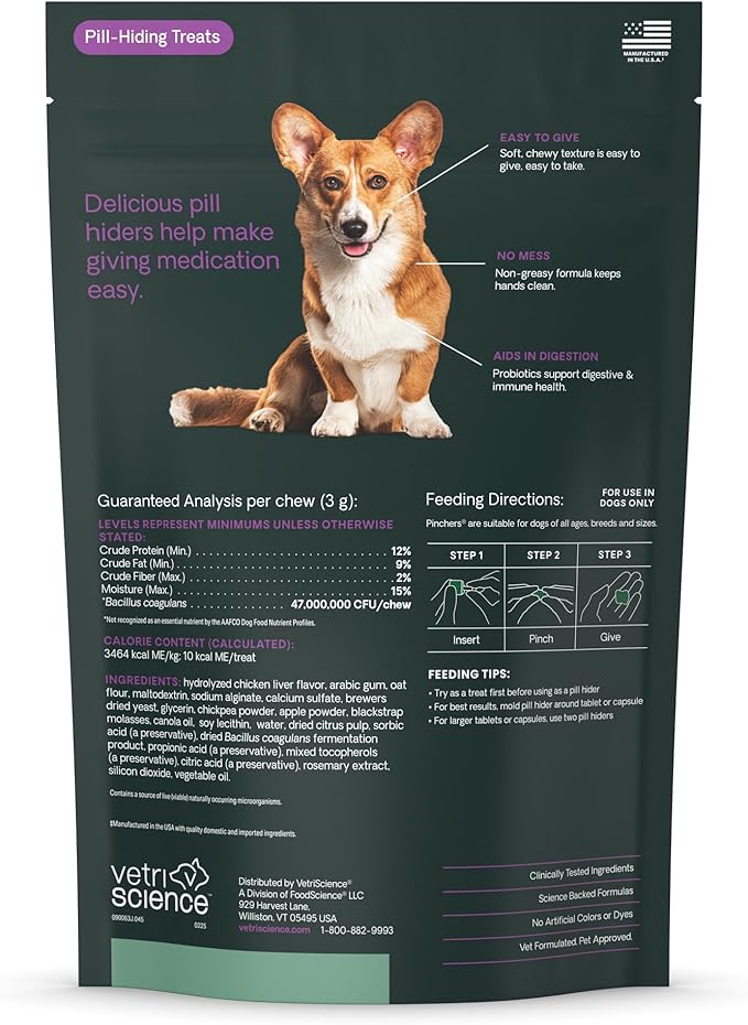 VetriScience Pinchers Pill Hiders Chews, Non-Greasy with Probiotics for Dogs, Disguise Small Capsules and Tablets, Soft and Chewy, Gut and Immune Support, Chicken, 45 Count