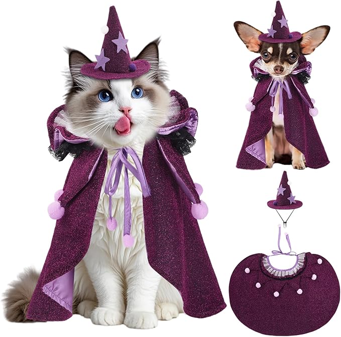 JOICEE Halloween Cat Costumes, Small Funny Purple Halloween Cat Wizard Cape Adjustable Pet Wizard Cloak for Little Dogs Cats Puppy Cosplay Party