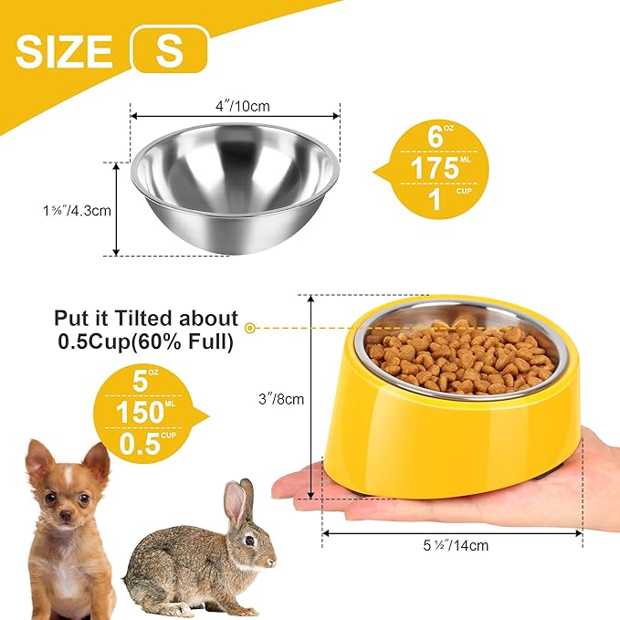 Tilted Dog Bowl Non-Slip & Non-Spill Pet Feeder with Elevated Detachable Melamine Stand, Easy to Get Food Dog Dish, S/100ml Yellow