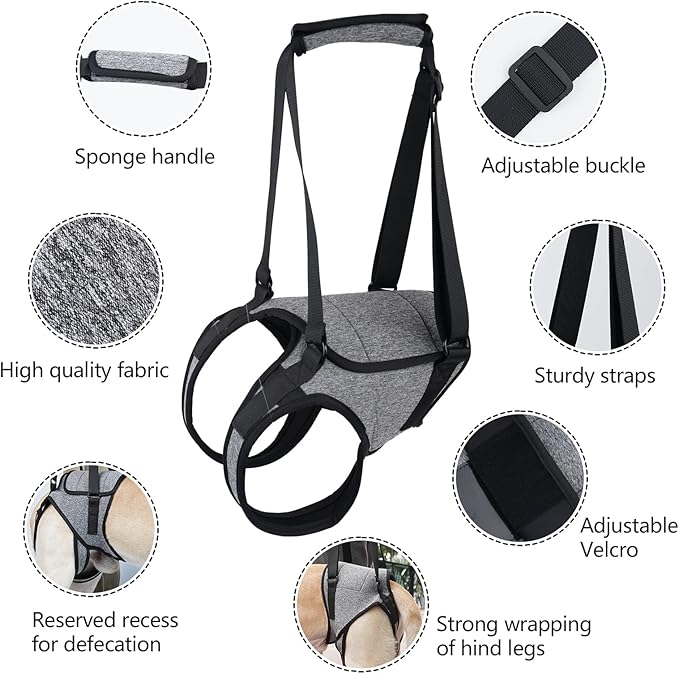 Dotoner Dog Sling for Large Dogs Hind Leg Support to Help Rehabilitate the Hind Limbs of Elderly Dogs with Weak Hind Legs Disabilities and Injuries Dog Harness Helps Arthritis ACL Recovery（S,Grey）