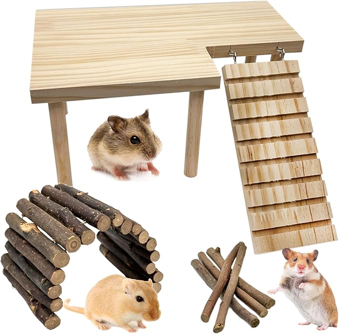 Wooden Hamster Platform with Legs, Small Syrian Hamsters Climbing Platforms with Ramp Kit Wood Ladder Bridge Rat Playing Toy Standing Table Gerbil Cage Accessories