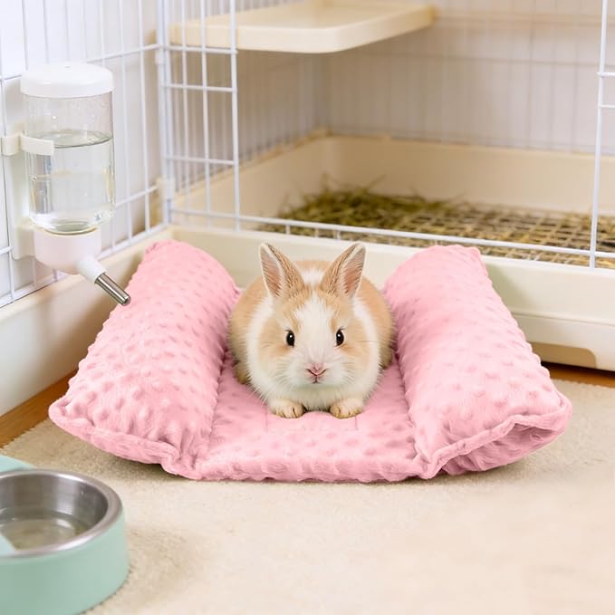 Rabbit Bed, Soft Dot Fleece Bunny Mat, 17x17In Small Animal Pillow for Guinea Pig, Reversible, Washable Pet Cushion Pastel Pink