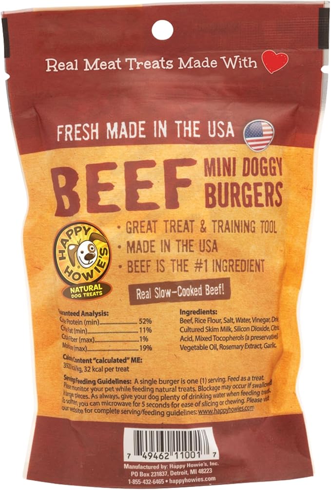 Happy Howie's Mini Doggy Burgers - Natural Healthy Dog Treats, Made with Real Beef, Long Lasting, Chewy, Hormone and Gluten Free - Beef, (Pack of 3)