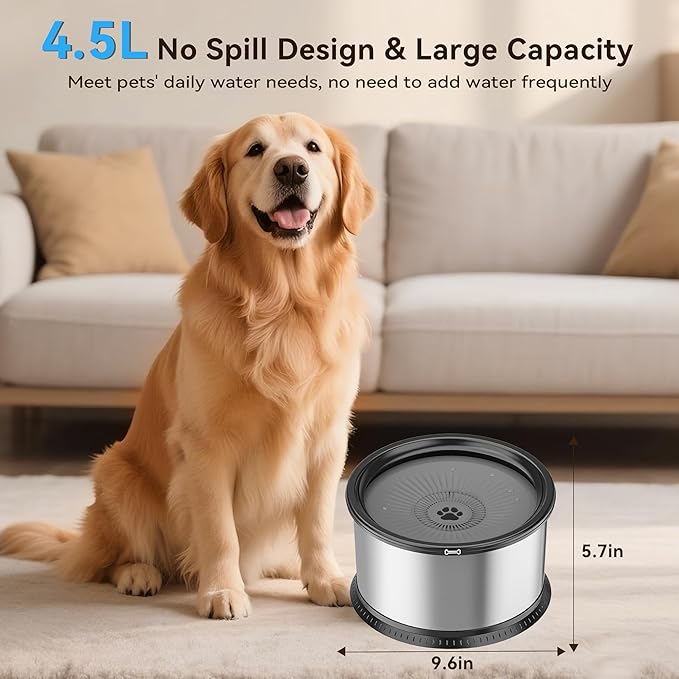 2PCS Dog Water Bowls for Multiple Pets, 4.5L/152oz No Spill Stainless Steel Slow Drinking Water Bowls with Anti-Slip Mat, Splash Proof Pet Bowl for Sloppy Messy Drinkers, Medium Large Dogs