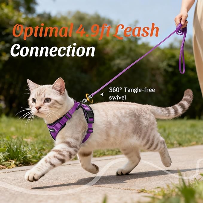 Dooradar Cat Harness and Leash Set, Escape Proof Safe Adjustable Kitten Vest Harnesses for Walking, Easy Control Soft Breathable Mesh Jacket with Reflective Strips for Cats, Purple, M