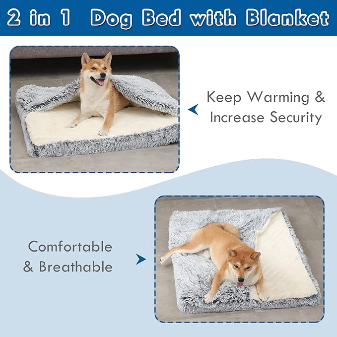 Dog Bed with Cover Cave, Orthopedic Dog Bed with Blanket, 33.5 * 27.6'' Rectangle Pet Crate Cozy Cuddler Mat, Anti-Anxiety Memory Foam Calming Pad for Puppy Cat with Removable Washable Cover