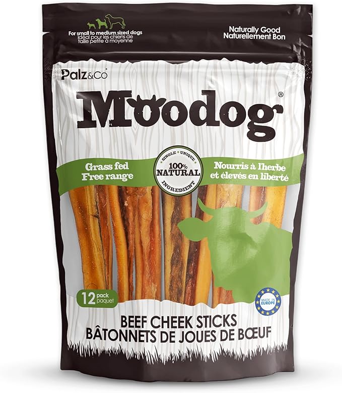 Palz&Co Moodog Beef Cheek Strips for Dogs - 12 Pack of 100% Natural Single Ingredient Treats - Grain Free, High Protein, Chewy & Crunchy Texture