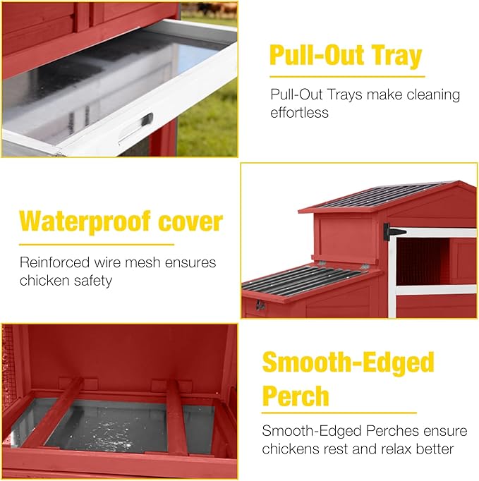 Aivituvin Chicken Coop with Run and Wheels, Mobile Outdoor Hen House Wooden Poultry Cage with Waterproof Roof (Red, AIR61)