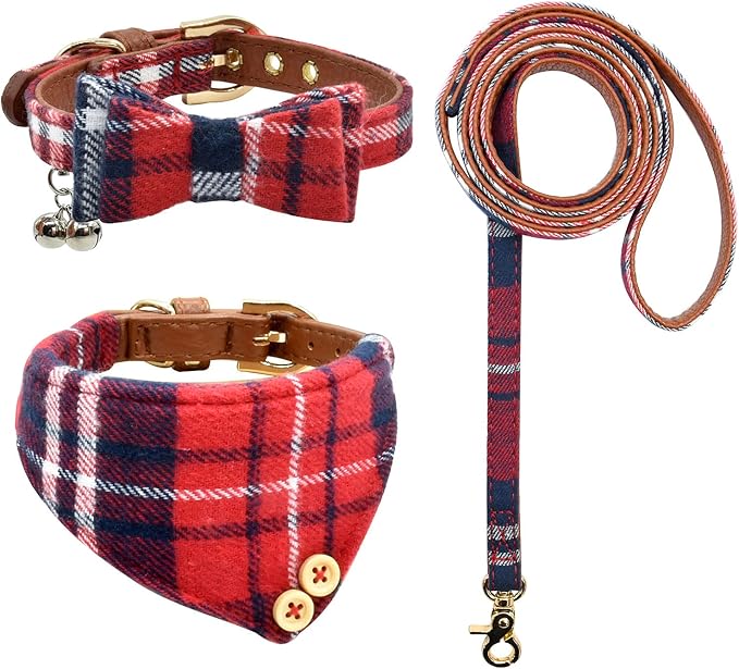 3PCS Bow Tie Dog Collar and Leash Set Plaid/Camo/Dots/Flower Dog Bandanas with Bell 3 Size Adjustable for Small Dogs Puppies and Cats (XS, Red Plaid 3)