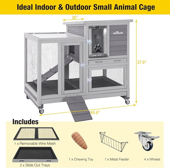 Rabbit Hutch Indoor Rabbit Cage, Large Bunny Hutch Outdoor with Wheels-Removable Wire Netting Include