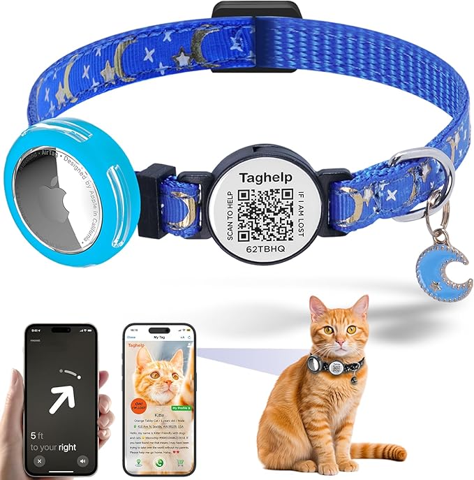 Waterproof Airtag Cat Collar Breakaway with Bell,Moon and Stars Pendant,Reflective Kitten Collar with Apple Airtag Holder,Safety Buckle for Girl Boy Cats,Pet Supplies,Accessories,Gifts (Blue B)