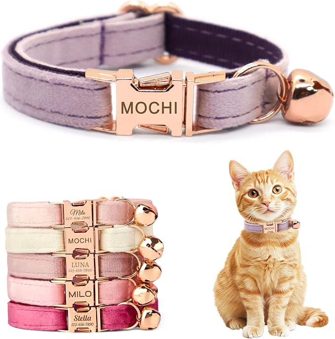 Personalized Non-Breakaway Cat Collar with Name, Luxury Soft Velvet Custom Engraved Name Collar with Bell for Kittens & Cats (Light Purple, S (6.5-10.5 inches))