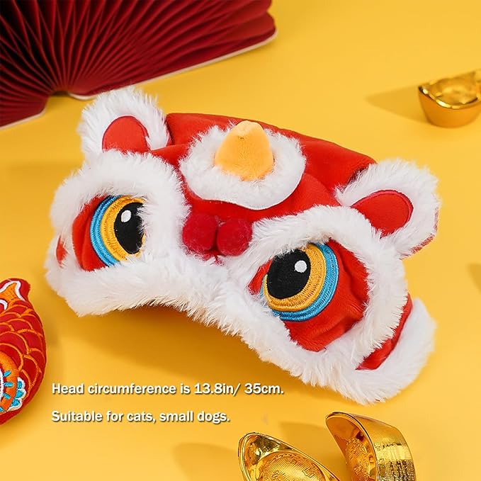 BAMY Lion Dance Cat Hat New Year Pet Cap Warm Dog Head Accessorries Cosplay Hat Costume for Cats Kitten Puppy Small Dogs (Head Circumference 13.8 inches)