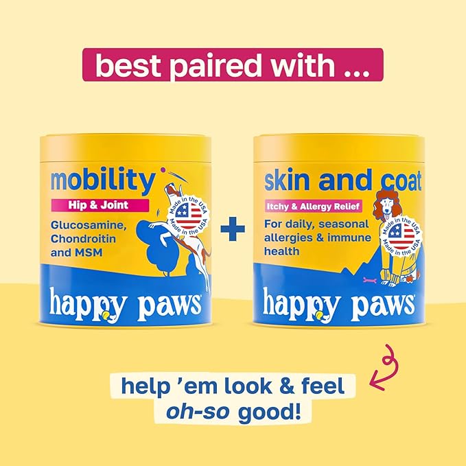Happy Paws Hip and Joint Supplement for Dogs, Glucosamine Chondroitin for Dogs of All Breeds, Joint Support Soft Chews with Hyaluronic Acid & Turmeric, Vegan Bacon Flavor, Non GMO, 100 Soft Chews
