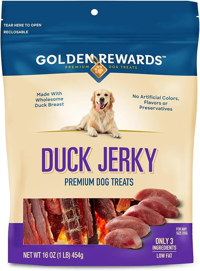 Golden|Rewards Duck Jerky Dog Treats, 16 oz Bag, Real Duck Breast, Only 3 Ingredients, Low Fat, Grain-Free, No by-Products, No Corn Wheat or Soy, Natural High Protein Chews for All Dog Sizes