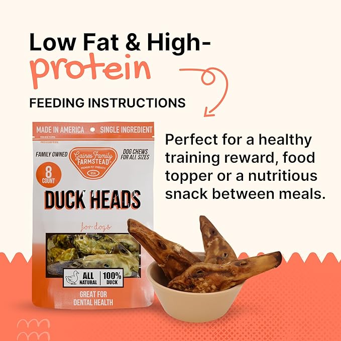 Gaines Family Farmstead Duck Heads for Dogs – 8 Count, Single Ingredient, Dehydrated Dog Chews – High in Protein, Supports Dental Health & Joint Care – Rawhide-Free Treats, Made in USA