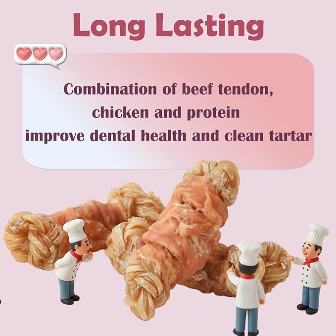 ASMPET Beef Tendon Dog Treats, Chicken Wrapped Beef Tendon Knotted Bones, Long Lasting Dog Chews Bones