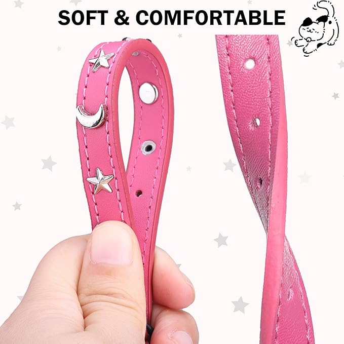 Leather Cat Collars for Boy Girl Cats with Bell and Safety Elastic Belt, Personalized Star and Moon Stud Adjustable Safe Buckle Collar for Kitty Small Big Cats Size 8-12 Inch, Rose