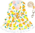 ABRRLO Dog Harness Dress Leash Set for Small Dog Summer Clothes Girl Female Puppy Cats Outfits Cute Floral Bowknot Princess Birthday Dress for Extra Small Pet Doggie Kitten Outfits Apparel(Yellow,L)