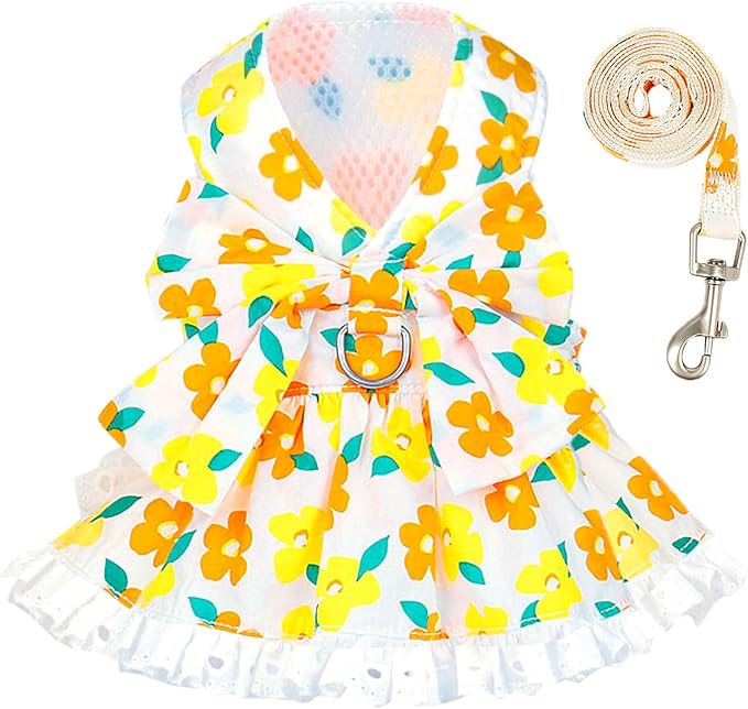 ABRRLO Dog Harness Dress Leash Set for Small Dog Summer Clothes Girl Female Puppy Cats Outfits Cute Floral Bowknot Princess Birthday Dress for Extra Small Pet Doggie Kitten Outfits Apparel(Yellow,M)