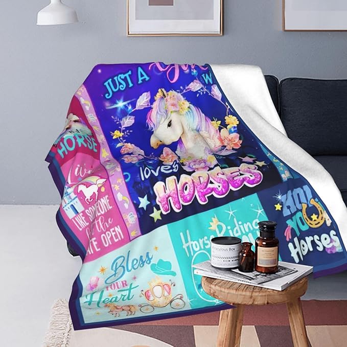 SweetFox Just A Girl Who Loves Horses Blanket, Horse Decor Throw Blanket Gifts for Girls Boys Lovers Super Warm Soft Plush Fleece Flannel Winter Bedding Blankets for Kids Adults Men Women 50"X40"