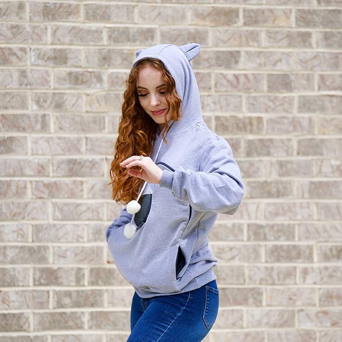 ALYC Unisex Hoodies Pet Holder Cat Dog Large Pouch Carriers Pullover with Cat Printing Sweatshirt (Light Grey-S)