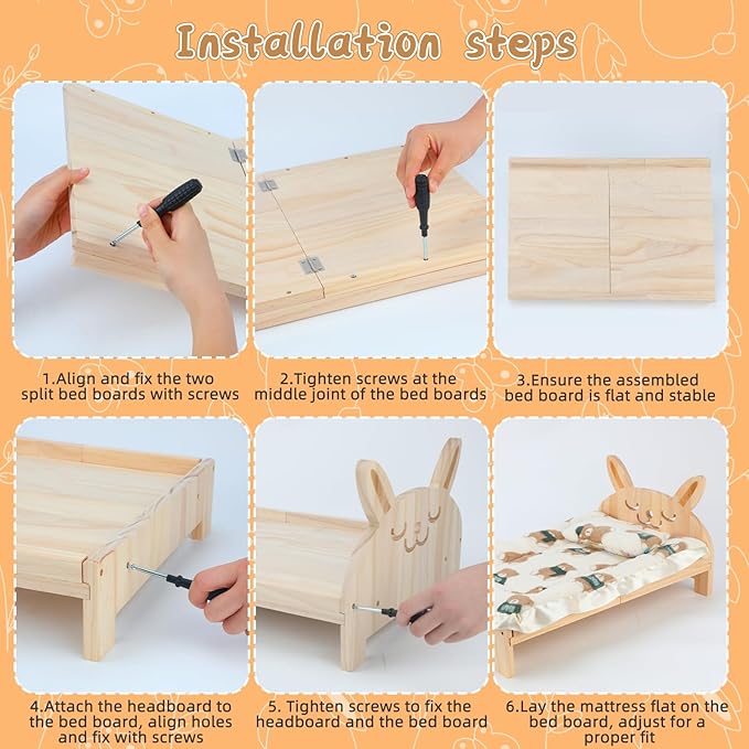 BWOGUE Large Wooden Bunny Bed, 2 in 1 Folding Wooden Pet Bed with Reversible Cushion & Pillow, Easy to Assemble Small Animals Beds for Bunnies Rabbits Guinea Pigs Puppy Kittens Sleeping Habitat