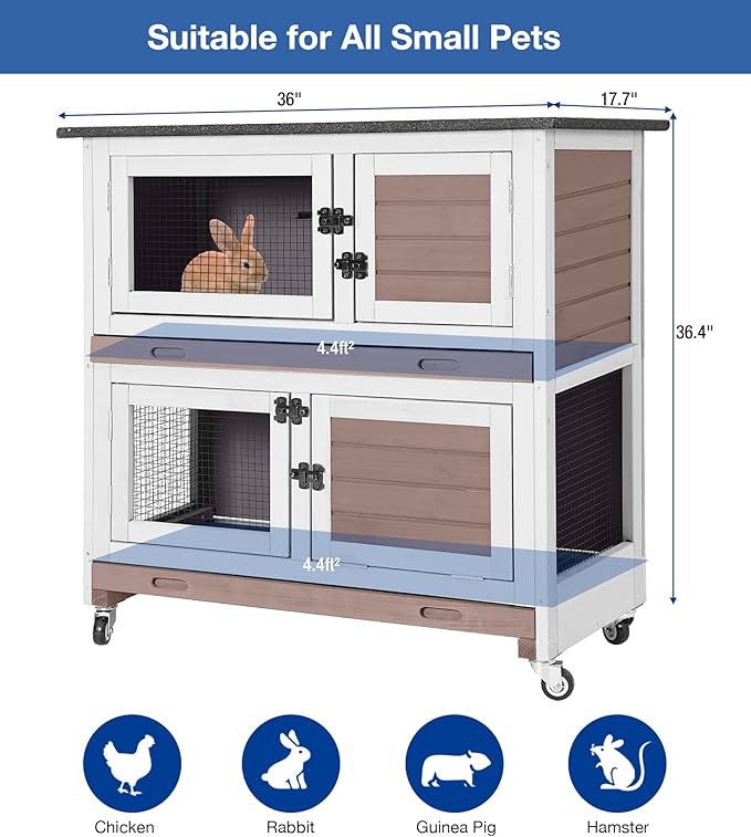 2-Story Rabbit Hutch Indoor Outdoor with Wheels, Bunny Cage with Slip-Proof Ramp, Guinea Pigs Cage with Waterproof Roof & Easy-Clean Tray, Multi-Access Doors, 36" - Brown