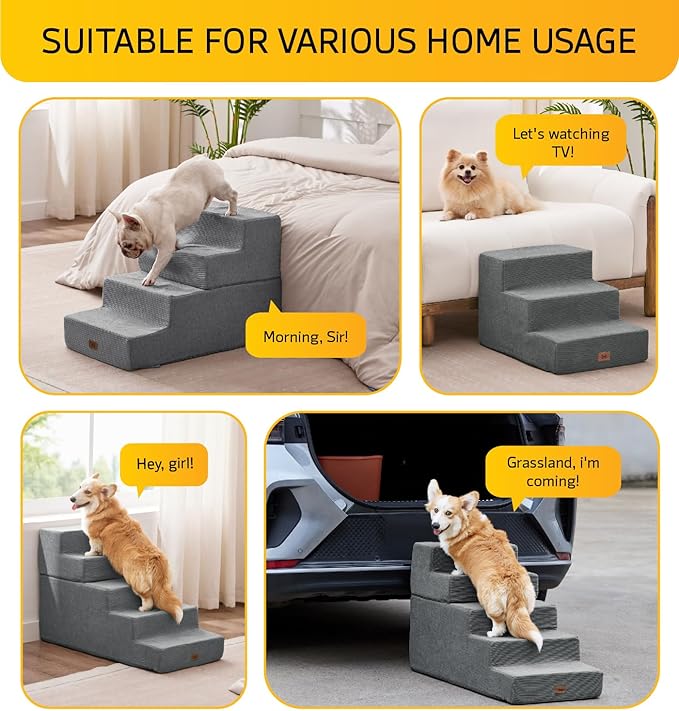 ABCPET Dog Stairs for High Bed, Dog Steps for Bed Couch Sofa, 35D Foam Extra Wide Pet Steps for Small Dogs and Cats, Pet Stairs with Non-Slip Bottom Grey, 5 Steps