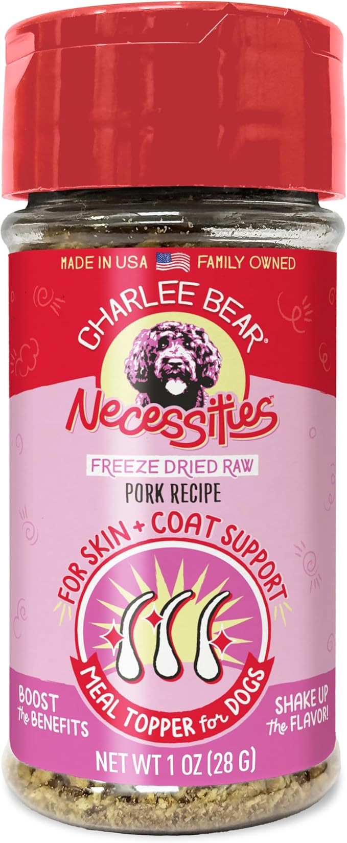 Charlee Bear Necessities Freeze Dried Dog Food Topper, Skin and Coat Support, Grain Free, High Protein, Limited Ingredient Meal Toppers for Dogs, Pork Recipe, 1 Ounce